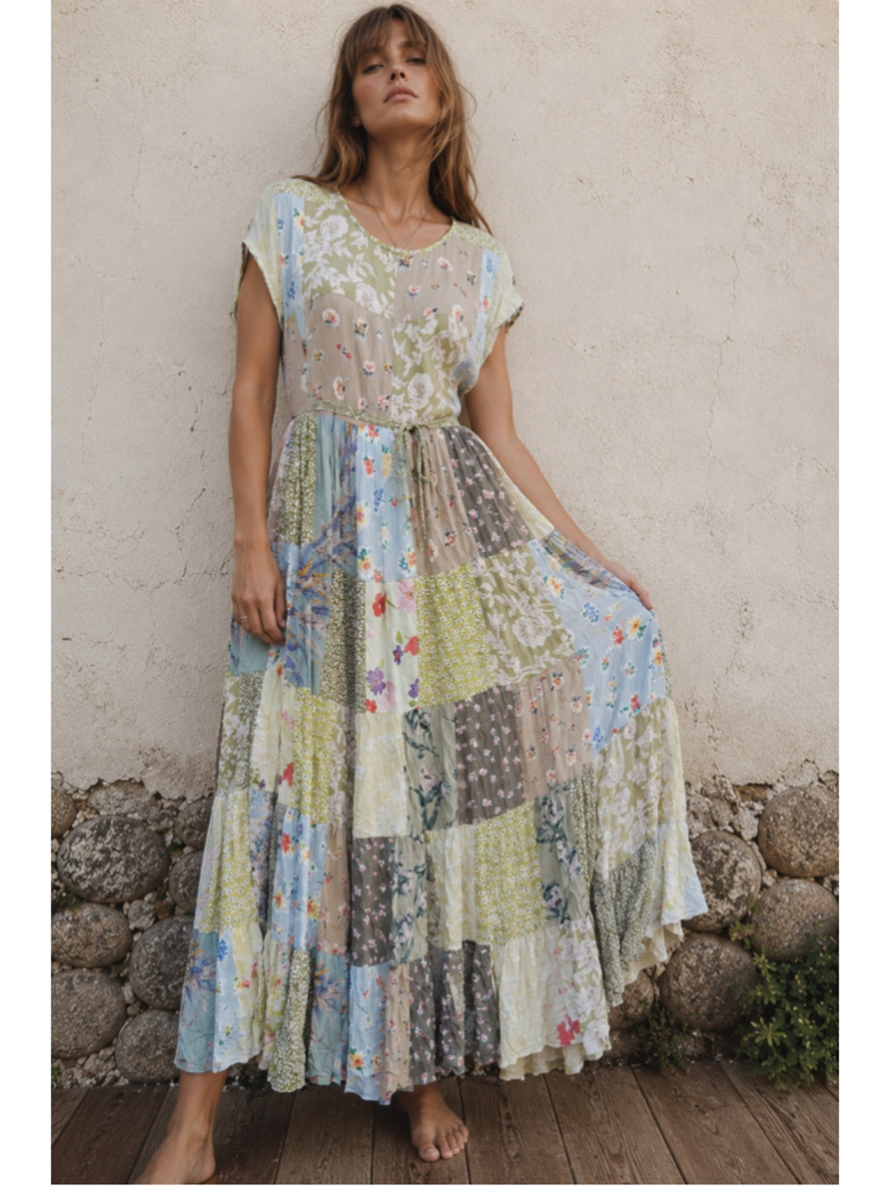 Vintage 90s Rayon Patchwork Floral Boho Maxi Dress Medium